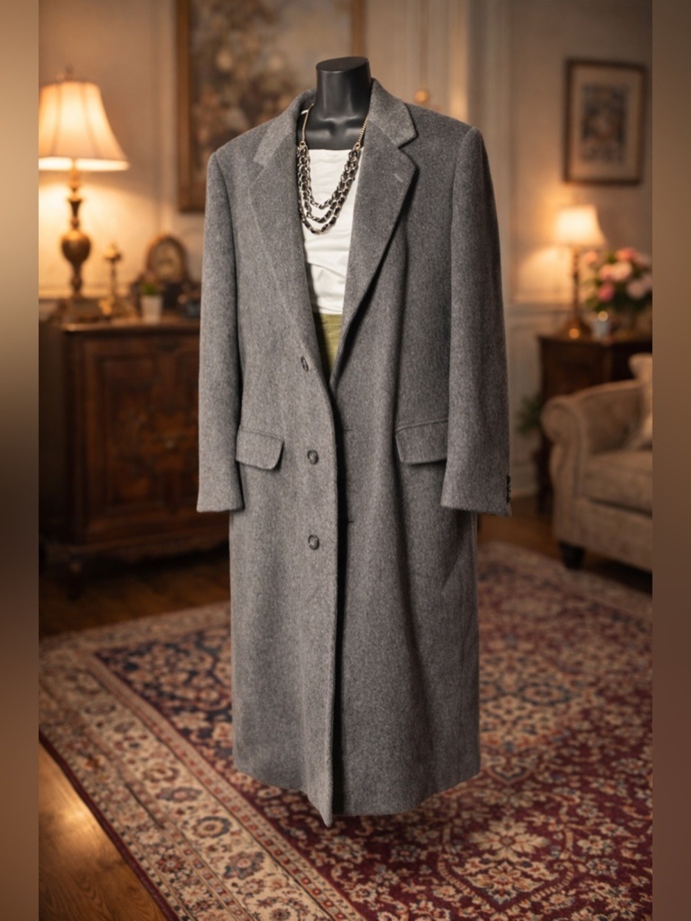Vintage Bay Club Wool & Cashmere Tall Coat Grey Luxe Orange Lining Men Size 42 - Picture 3 of 17